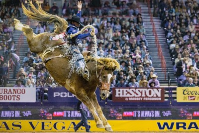 Ryder Wright saddle bronc riding in the National Finals Rodeo 2021 at Thomas & Mack Arena in Las Vegas.