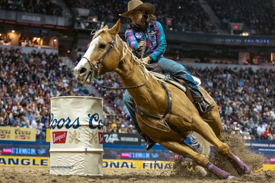 Icy Saebens barrel racing in the National Finals Rodeo 2021 at Thomas & Mack Arena in Las Vegas.