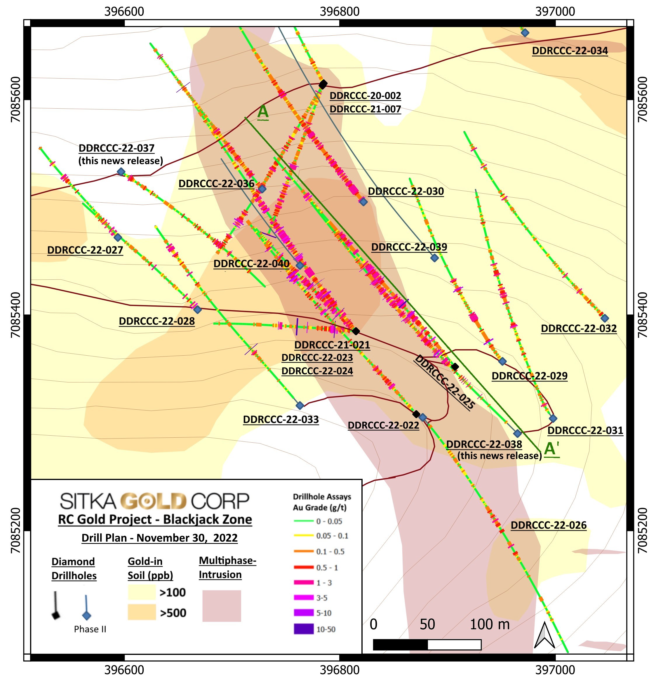 Figure 1 - Plan Map of Diamond Drill Holes at the Blackjack Zone (CNW Group/Sitka Gold Corp.)