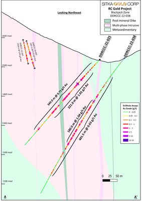 Figure 2 - Cross Section of Hole DDRCCC-22-038 (CNW Group/Sitka Gold Corp.)