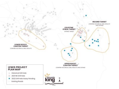 Figure 1. Location of Nevada King’s 2022 completed drill holes as well as Nevada King’s 2021 drill holes relative to historical drill holes and target areas at Lewis. (CNW Group/Nevada King Gold Corp.)