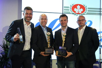 Matt Jeneroux from Edmonton took home the Honourary Brewer title with his ‘Jener-Brew’ beer, and Andy Fillmore, Lena Diab, Rick Perkins, and Dr. Stephen Ellis from Halifax won the People's Choice Award for their ‘Out of Order Ale’ brew. (CNW Group/Labatt Breweries of Canada)