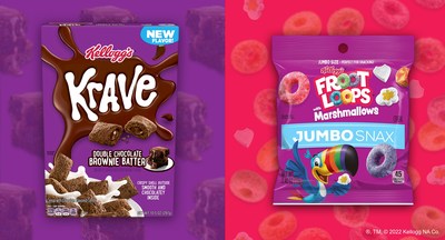 For a sweet and delectable breakfast or midday treat, new Kellogg’s® Krave® Double Chocolate Brownie Batter Cereal and new Kellogg’s Froot Loops® with Marshmallows Jumbo Snax hit shelves this December and will satisfy any crunchy craving or sweet tooth.
