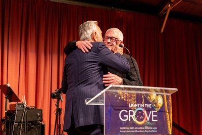 Cleve Jones (R), founder of the AIDS Memorial Quilt, receives the Lifetime of Commitment Award from former San Francisco mayor Art Agnos (L) at the National AIDS Memorial Light in the Grove Gala during World AIDS Day observances and tributes.  Credit:  Onyx and Ash Photography