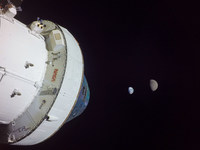 NASA's uncrewed Orion spacecraft reached a maximum distance of nearly 270,000 miles from Earth during the Artemis I flight test before beginning its journey back toward Earth. Orion captured imagery of the Earth and Moon together from its distant - More in Enquiry - NASA's uncrewed Orion spacecraft reached a maximum distance of nearly 270,000 miles from Earth during the Artemis I flight test before beginning its journey back toward Earth. Orion captured imagery of the Earth and Moon together from its distant - More in Enquiry -