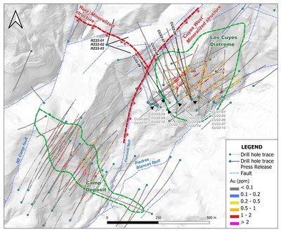 Figure 1. Plan map showing location of the Camp, Cuyes, Cuyes West deposits and the Ruiz structure. (CNW Group/Luminex Resources Corp.)
