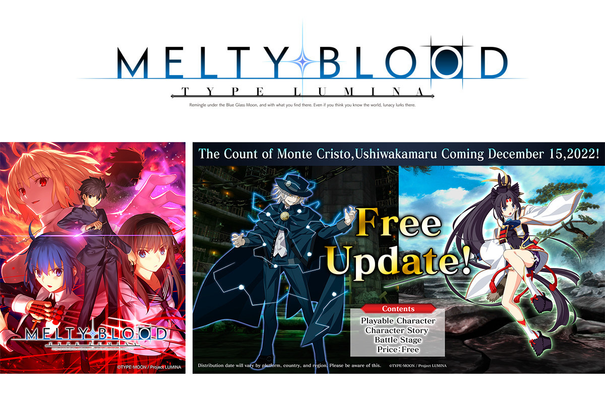 Jogo 2D de luta "MELTY BLOOD: TYPE LUMINA" anunciando novos personagens jogáveis gratuitos "Ushiwakamaru" e "Conde de Monte Cristo" e a nova adição de idiomas em espanhol, francês e português brasileiro