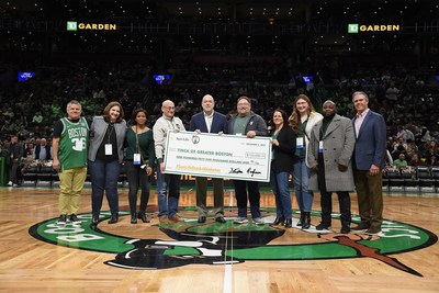 Representatives from Sun Life, YMCA of Greater Boston, and the Boston Celtics gather at center court to present the giant check for 2022 #SunLifeDunk4Diabetes