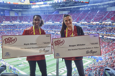Kayla G., left, and Reagan W., right, after both winning the Dr Pepper Tuition Toss during halftime at the 2022 SEC Championship Game on Saturday, Dec. 3, 2022, at the Mercedes-Benz Stadium in Atlanta. (Matt Odom/AP Images for Dr Pepper)