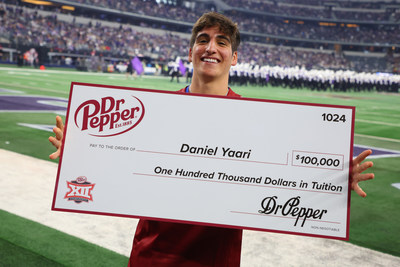 Daniel Y. winning the Dr Pepper Tuition Toss during halftime at the 2022 Big 12 Championship Game on Saturday, Dec. 3, 2022, at AT&T Stadium in Arlington, TX. (Richard Rodriguez/AP Images for Dr Pepper)