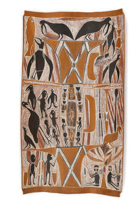 Narritjin Maymuru, Yiŋapuŋapu, before 1972. Natural pigments on eucalyptus bark. 38 1/4 x21 in. (97.16 x 53.34 cm), Kluge-Ruhe Aboriginal Art Collection of the University of Virginia. Edward L. Ruhe Collection, Gift of John W. Kluge, 1997, 1993.0004.857