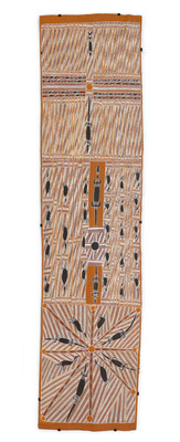 Larrtjanŋa Ganambarr, Ŋaymil Djan’kawu Dhäwu, 1996. Natural pigments on eucalyptus bark. 125 3/8 x 31 in. (318.45 x 78.74 cm). Kluge-Ruhe Aboriginal Art Collection of the University of Virginia Gift of John W. Kluge, 1997, 1996.0035.011