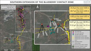SCOTTIE RESOURCES INTERCEPTS 31.8 G/T GOLD OVER 4.00 METRES AND 6.82 G/T GOLD OVER 6.85 METRES ON D ZONE TARGET ADJACENT TO BLUEBERRY CONTACT ZONE