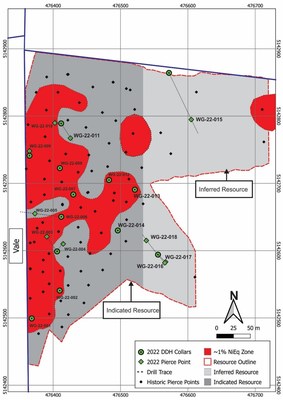 Figure 1: Plan map of the West Graham deposit showing pierce points of all reported holes and historic holes used in the 2009 resource estimate1. Red dashed line is the outline of the West Graham resource projected to surface. Shaded red area are the high-grade zones with NiEq. values of ~1.0%. (CNW Group/SPC Nickel Corp.)