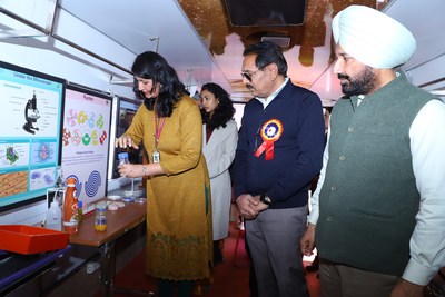 UT Adviser to Administrator Dharam Pal along with Chancellor Chandigarh University Satnam Singh Sandhu and Education Secretary Purva Garg taking a tour of the newly inaugurated Mobile Science Bus.