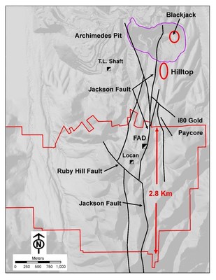 Figure 2: Map of Paycore Minerals and i-80 Gold’s Property’s and Boundary illustrating the Jackson Fault and relative location of i-80’s Hilltop Discovery. (CNW Group/Paycore Minerals Inc.)