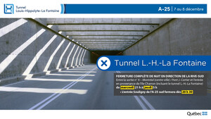 Réfection majeure du tunnel Louis-Hippolyte-La Fontaine - Fermeture complète de l'autoroute 25 en direction de la Rive-Sud dans la nuit du 7 au 8 décembre