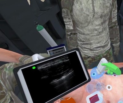 Depicted is an image from an existing USAF TCCC scenario, in which a point-of-care ultrasound is being used to diagnose an injured warfighter during a helicopter evacuation.