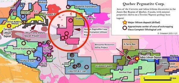 Figure 1 : Map of Quebec Pegmatite Vieux Comptoir Lithium Property (CNW Group/Superior Mining International Corporation) Figure 1 : Map of Quebec Pegmatite Vieux Comptoir Lithium Property (CNW Group/Superior Mining International Corporation)