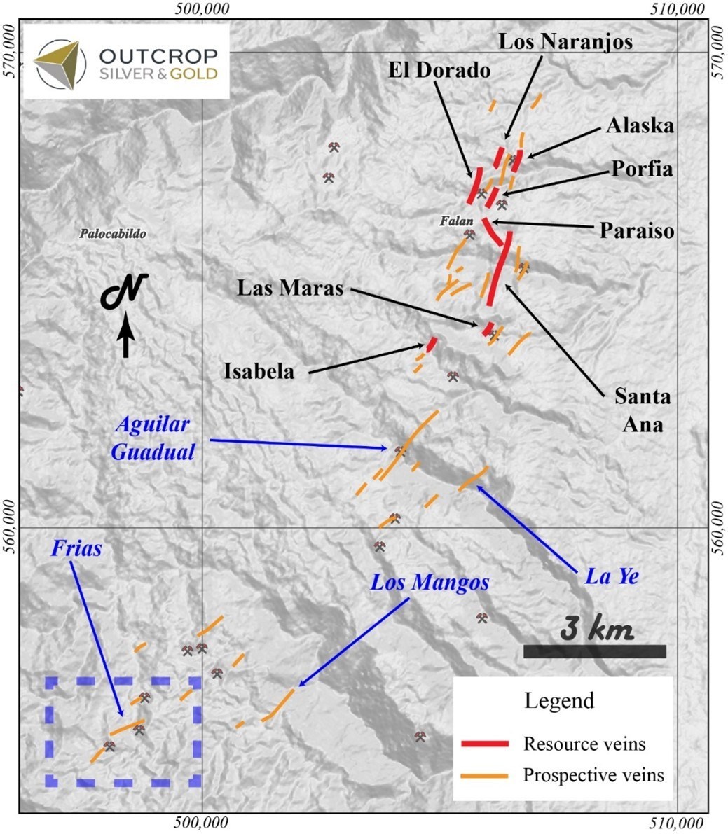 Map 1. The Frias-La Ye trend can be traced for approximately 8.5 kilometres in outcrops and floats. (CNW Group/Outcrop Silver & Gold Corporation) Map 1. The Frias-La Ye trend can be traced for approximately 8.5 kilometres in outcrops and floats. (CNW Group/Outcrop Silver & Gold Corporation)