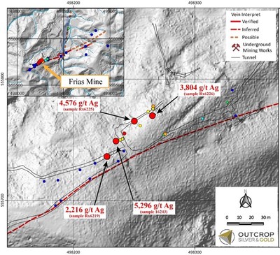 Map 2. Selected samples from the Frias Mine area. (CNW Group/Outcrop Silver & Gold Corporation)