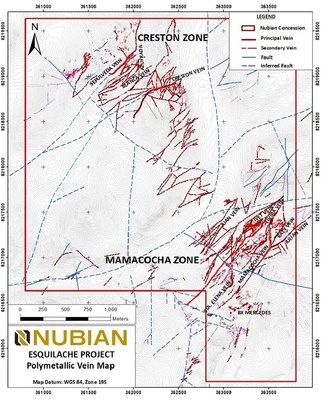 Figure 1.  Map of polymetallic veins, Creston and Mamacocha zones, Esquilache Ag-Zn Project. (CNW Group/Nubian Resources Ltd.)