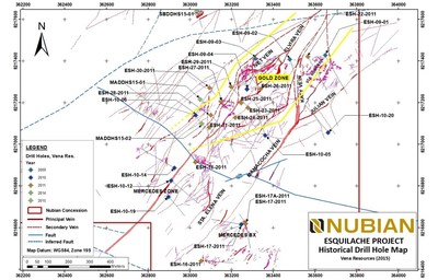 Figure 2.  Map of primary veins in the Mamacocha Zone that was drill tested by Vena Resources (2009-2015). (CNW Group/Nubian Resources Ltd.)