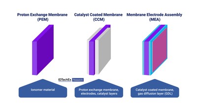 Graphic representation of the PEM, CCM, and MEA – showcasing the need for succinct terminology to discuss catalysts in fuel cells. Further discussion can be found in the IDTechEx market report "Materials for PEM Fuel Cells 2023-2033". Source: IDTechEx