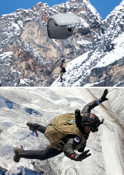 Mike Sarraille skydiving onto Everest region