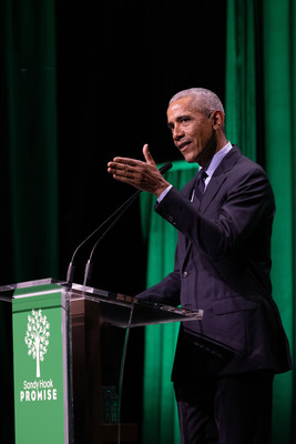 President Barack Obama delivers keynote speech at Sandy Hook Promise's 10-Year Remembrance benefit event at Ziegfeld Ballroom in New York City on Dec. 6, 2022.