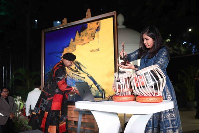 Padma Shri awardee artist Paresh Maity, in action with percussionist Swarupa Ananth Sawkar, at the Deutsche Bank art event in Mumbai