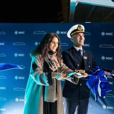 MSC Seascape Naming Ceremony, Alexa Aponte-Vago cuts the ribbon and names the ship and Master of the Vessel, Captain Francesco Di Palma - Credit Ivan Sarfatti