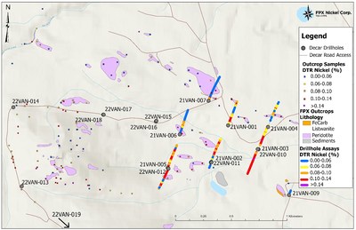 Figure 2: Van Target Plan Map with Drillhole Collar Locations and Outcrop Mapping (CNW Group/FPX Nickel Corp.)