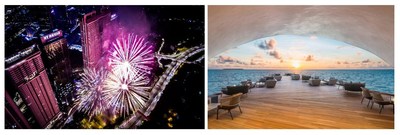 Countdown at The St. Regis Kuala Lumpur culminating in the longest firework display in Kuala Lumpur; Overwater Whale Bar at The St. Regis Maldives Vommuli against panoramic views of the Indian Ocean
