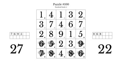 A game from the Numbrail puzzle book is being played. The first player has 27 points and the second player has 22 points. It is currently the second player's turn, and they can choose from any of the squares with a filled circle at the bottom right corner.