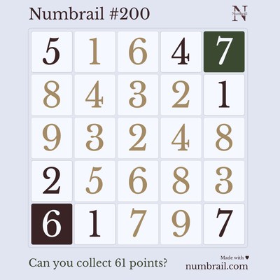A Numbrail challenge is being played. The numbers on the green background are currently selected by the Numbrail AI, while the numbers on the brown background are selected by the players. The game alternates between the Numbrail AI and the player. The first player to reach 61 points wins.