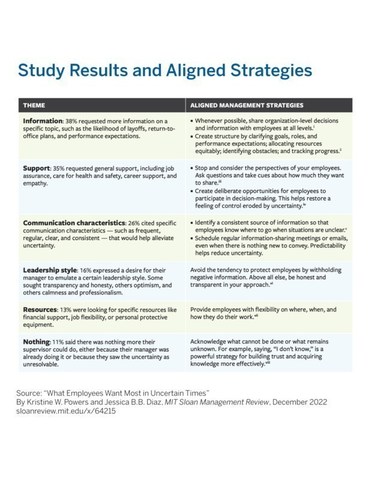 Study Results and Aligned Strategies. The themes reflect employees' reported needs and ways managers can provide support in times of uncertainty. Within each theme, we identified multiple sub-themes and evidence-based strategies that managers can use to address the needs the employees expressed.