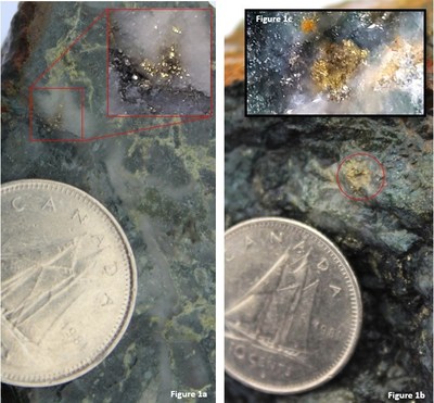 Visible Gold from the Conquest Zone. Photo 1a is from a cut surface; Photo 1b and 1c is from a broken surface. (CNW Group/Northern Shield Resources Inc.)