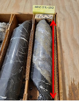 Figure 2. Photographs: Sulphide samples from drill hole SO-C-22-132. Mineralization includes massive sulphides such as pyrite, galena, sphalerite, and lesser chalcopyrite in bands, stockwork or filling breccia, with rims of native silver around the sulphides. (a) Single point pXRF assay in the 15 cm interval from 165.18 m to 165.33 m returned 3,176 g.t Ag, 0.6% Cu, 2.7% Pb and 13% Zn. (b) Similar intervals of massive mineralization occur to a depth of approximately 167 m.(c) Saw-cut half core showing detail of the 165.18 m to 165.33 m interval in photo (a).
