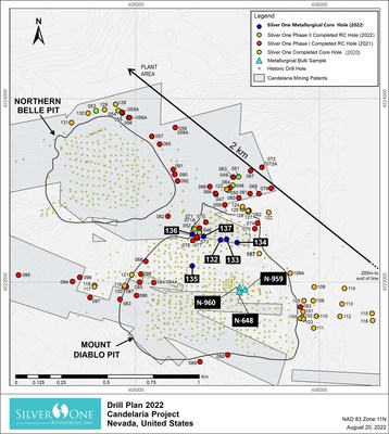 Figure 1.Drill holes in the area of Mount Diablo and Northern Belle pits (see Corporate Presentation at www.silverone.com for assays of select down-hole intercepts)
