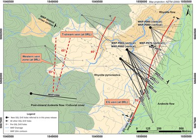 Figure 2: Wharekirauponga Plan View of Geology, Drill Traces and Distribution of 3 Main Veins (CNW Group/OceanaGold Corporation)