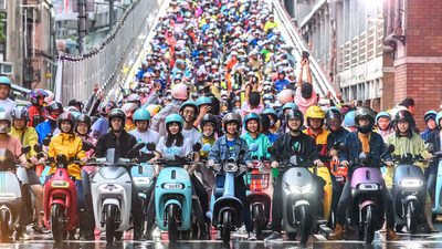 Taipei’s scooter waterfall with Gogoro Smartscooters.