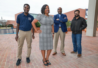 Jackson State University experienced a dramatic increase of 90.96 percent in sponsored research funding for the 2022 fiscal year, far outpacing the previous cycle. The growth aligns with the JSU strategic plan to raise the level of research prominence.  Pictured L to R: Victor Ogungbe, Ph.D., associate professor; Brandi Newkirk-Turner, Ph.D., associate provost and professor; Joseph A. Whittaker, VP of Research and Economic Development; and Sadik Khan, Ph.D., assistant professor.