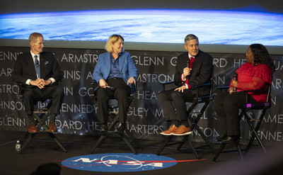 NASA Administrator Bill Nelson, left, NASA Deputy Administrator Pam Melroy, second from left, NASA Associate Administrator Bob Cabana, second from right, and Michelle Jones of NASA Communications, right, are seen Tuesday, Dec. 13, 2022, during an end-of-the year all hands with senior leadership at the Mary W. Jackson NASA Headquarters building in Washington. Nelson, Melroy, and Cabana highlighted the agency’s 2022 accomplishments and looked forward to what is coming in 2023 and beyond.
Credit: NASA/Joel Kowsky
