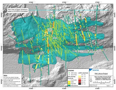 Planview map of the Spark pegmatite showing drillhole traces. (CNW Group/Frontier Lithium Inc.)