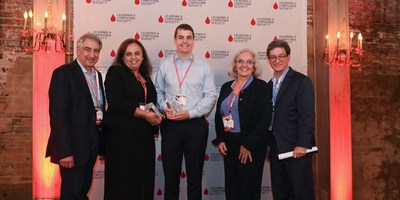 From left to right: Dr. Louis DeGennaro, LLS President & CEO; Dr. Noha Sharafeldin, CDP Achievement Award recipient; Dr. Brandon Aubrey, CDP Achievement Award recipient; Dr. Gwen Nichols, LLS Chief Medical Officer; Dr. Lee Greenberger, LLS Chief Scientific Officer