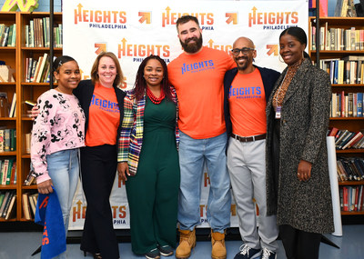 Rose Da Love Julien, student, George Washington High School; Sara L. Woods, Esq., co-president, Heights Philadelphia; Chekemma J. Fulmore-Townsend MSW, President, Hamilton Family Charitable Trust; Jason Kelce, Philadelphia Eagles; Sean E. Vereen, Ed.D., co-president, Heights Philadelphia; and Ebony A. English, Program Officer, William Penn Foundation celebrating Heights Philadelphia at George Washington High School in Philadelphia on December 13, 2022. Photo credit: Sabina Louise Pierce.