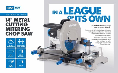 The S355MCS Mitering Chop Saw from Evolution is the first 14" TCT industrial Chop Saw that allows you to produce accurate miter cuts without having to reposition the workpiece.