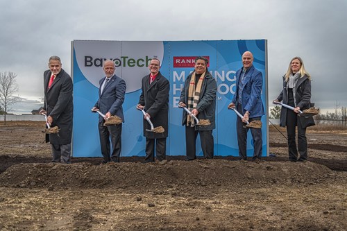 From left, Mayor of Wentzville Nick Guccione, Ranken Board of Trustees Member Tim Goodson, Ranken President Don Pohl, BayoTech Chief Executive Officer Mo Vargas, Emerson Executive President Mark Bulanda, and BayoTech Chief Financial Officer Wendy Rollstin turn dirt as part of a groundbreaking ceremony for BayoTech’s inaugural hydrogen production hub.