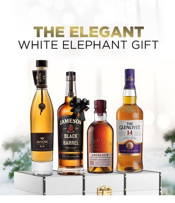 The Elegant White Elephant Collection featuring Avión Reserva 44 Extra Añejo Tequila, Jameson Black Barrel Irish Whiskey, Aberlour 12 Year Scotch, and The Glenlivet 14-Year-Old. Photo credit Pernod Ricard USA
